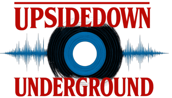 UpsideDown Underground logo featuring red text and blue vinyl record design