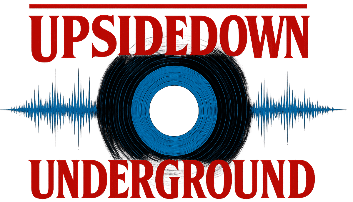 UpsideDown Underground logo featuring red text and blue vinyl record design